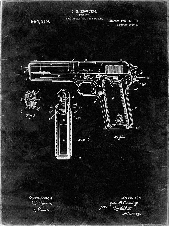 Objects Digital Art - Pp76-black Grunge Colt 1911 Semi-automatic Pistol Patent Poster by Cole Borders