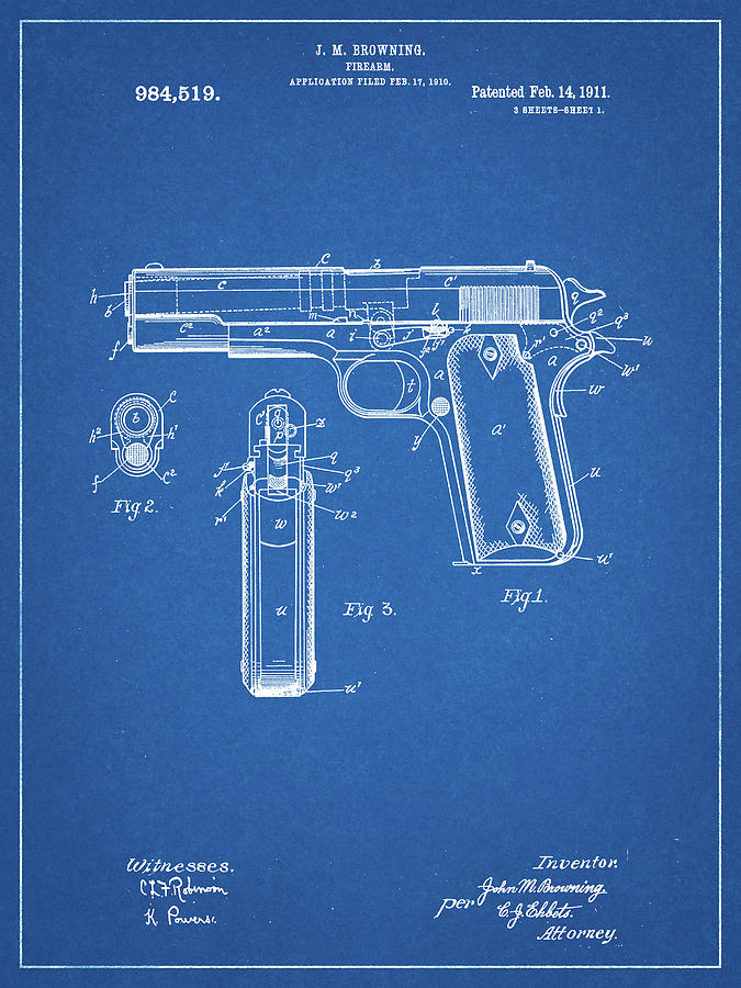 Objects Digital Art - Pp76-blueprint Colt 1911 Semi-automatic Pistol Patent Poster by Cole Borders