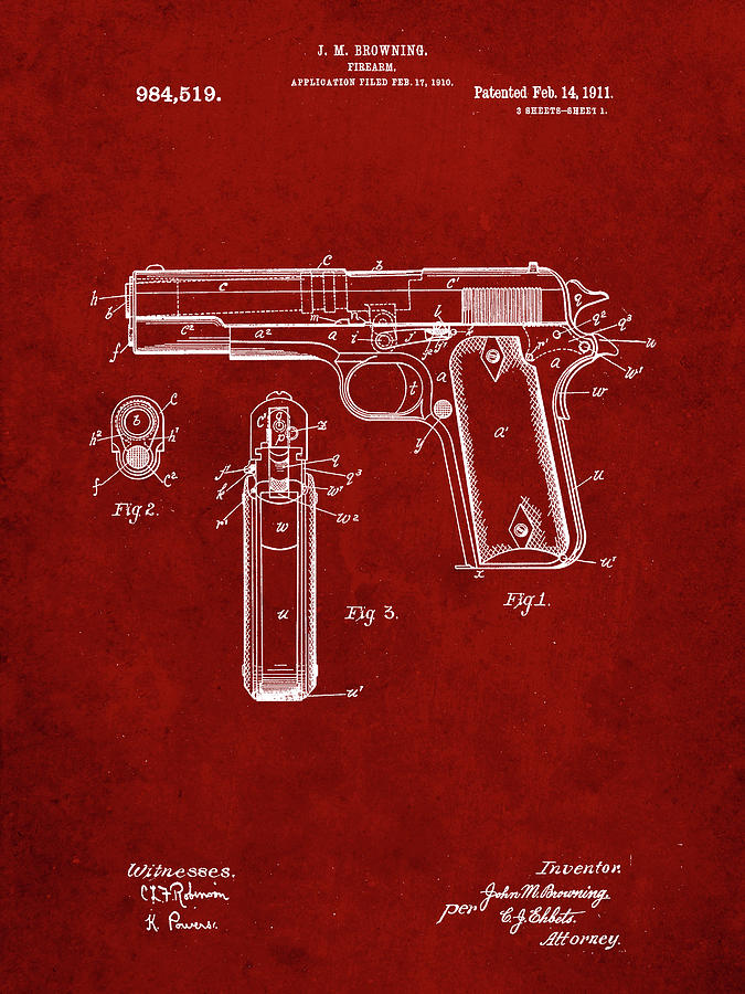 Objects Digital Art - Pp76-burgundy Colt 1911 Semi-automatic Pistol Patent Poster by Cole Borders