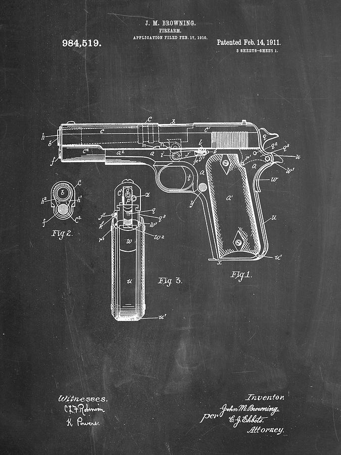 Objects Digital Art - Pp76-chalkboard Colt 1911 Semi-automatic Pistol Patent Poster by Cole Borders
