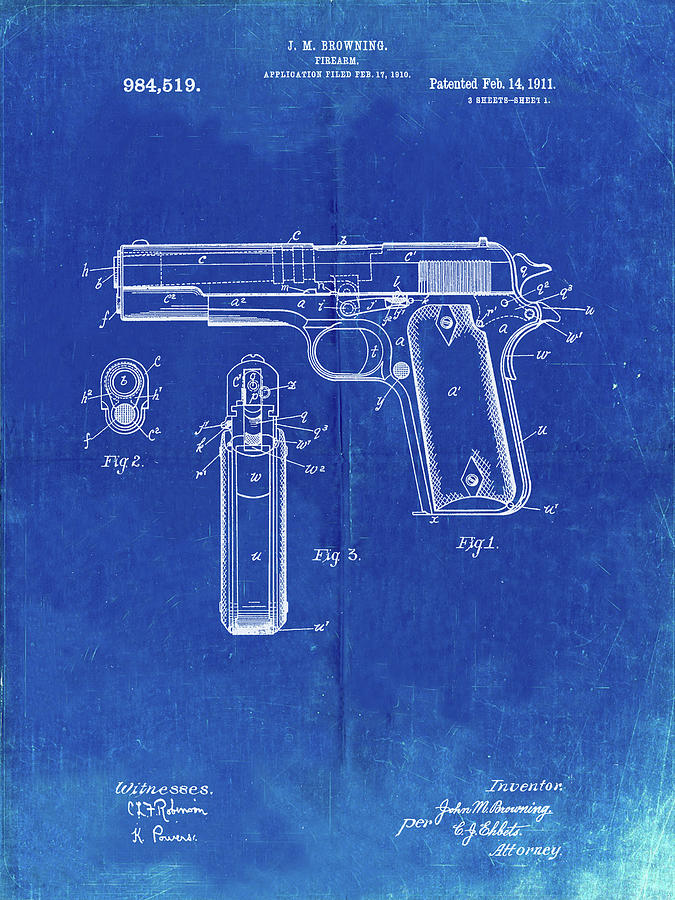 Objects Digital Art - Pp76-faded Blueprint Colt 1911 Semi-automatic Pistol Patent Poster by Cole Borders