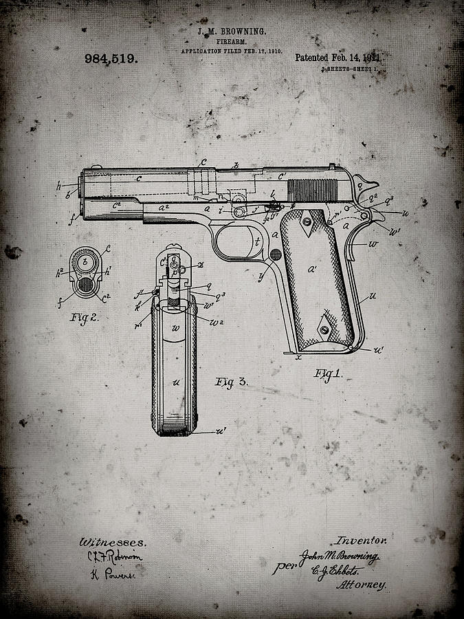Objects Digital Art - Pp76-faded Grey Colt 1911 Semi-automatic Pistol Patent Poster by Cole Borders