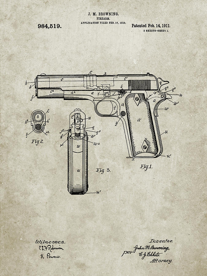 Objects Digital Art - Pp76-sandstone Colt 1911 Semi-automatic Pistol Patent Poster by Cole Borders