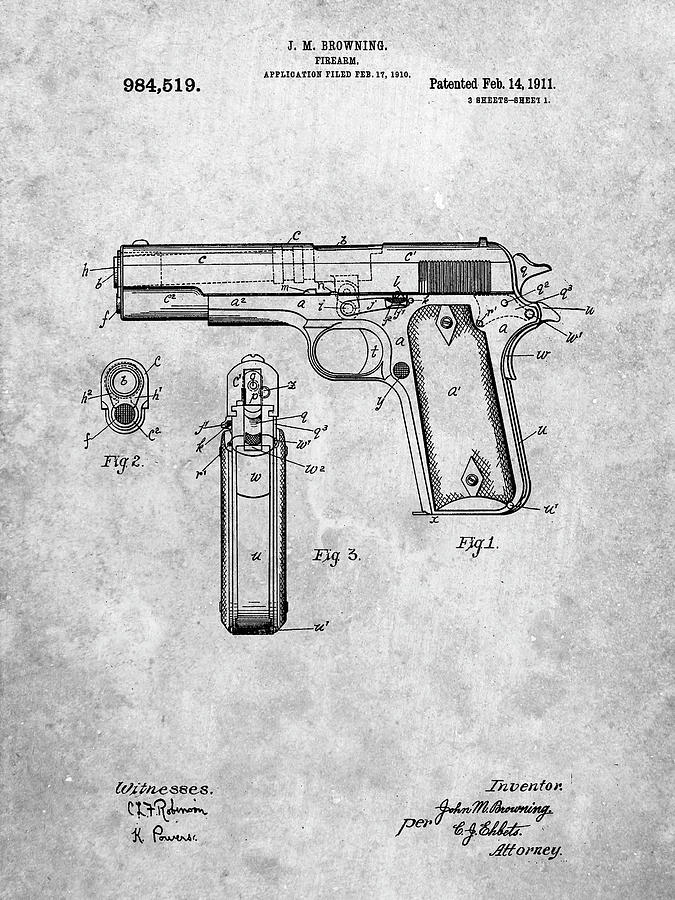 Objects Digital Art - Pp76-slate Colt 1911 Semi-automatic Pistol Patent Poster by Cole Borders