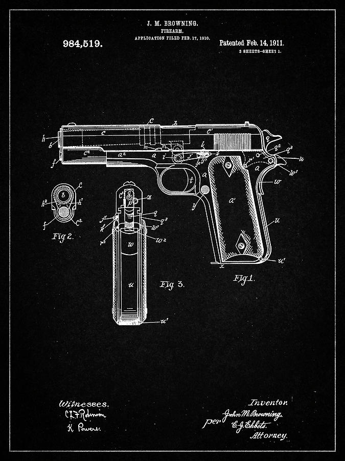 Objects Photograph - Pp76-vintage Black Colt 1911 Semi-automatic Pistol Patent Poster by Cole Borders
