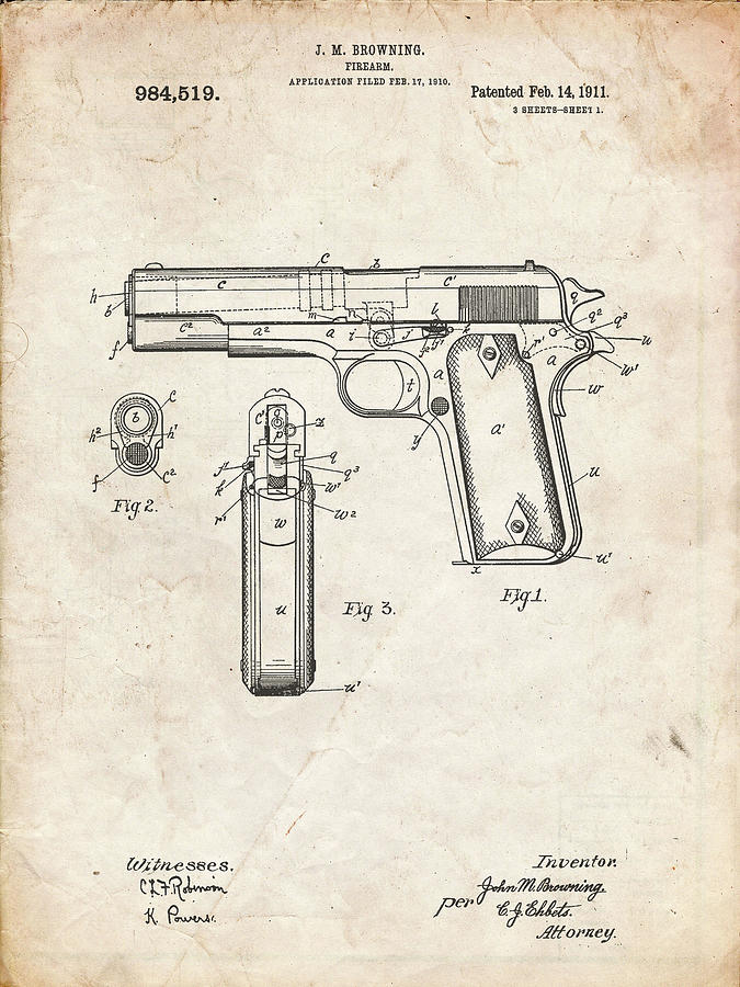 Objects Digital Art - Pp76-vintage Parchment Colt 1911 Semi-automatic Pistol Patent Poster by Cole Borders