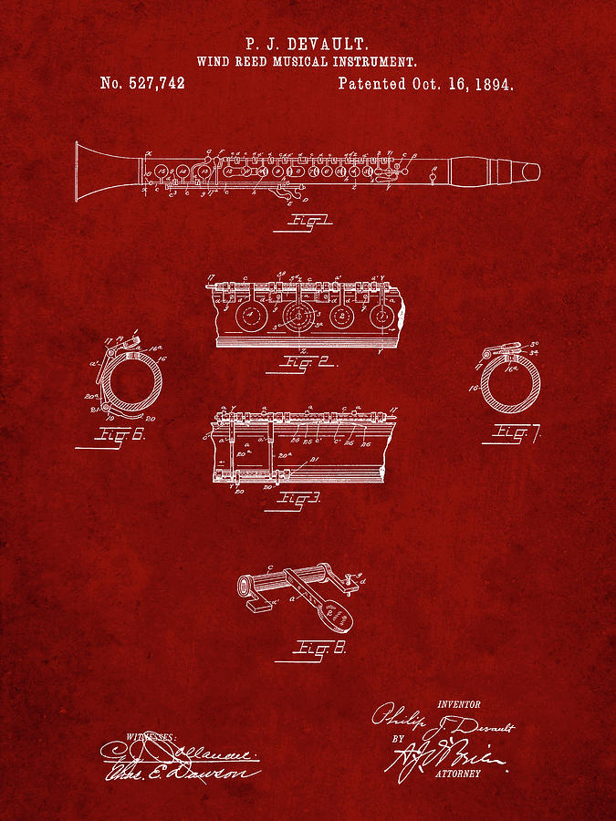 Patents Digital Art - Pp768-burgundy Clarinet 1894 Patent Poster by Cole Borders