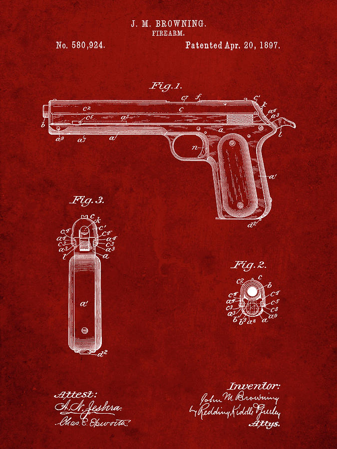 Patents Digital Art - Pp770-burgundy Colt Automatic Pistol Of 1900 Patent Poster by Cole Borders