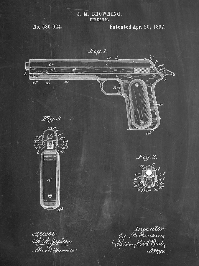 Patents Digital Art - Pp770-chalkboard Colt Automatic Pistol Of 1900 Patent Poster by Cole Borders