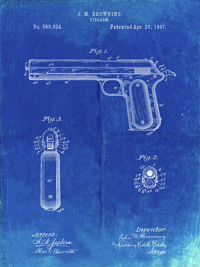 Pp770-faded Blueprint Colt Automatic Pistol Of 1900 Patent Poster ...