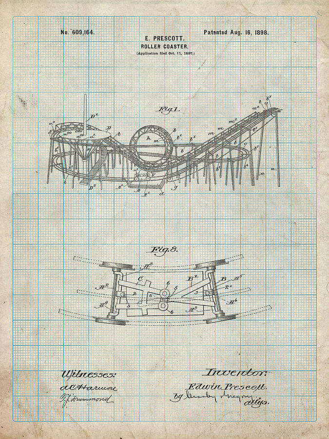 Patents Photograph - Pp772-antique Grid Parchment Coney Island Loop The Loop Roller Coaster Patent Poster by Cole Borders