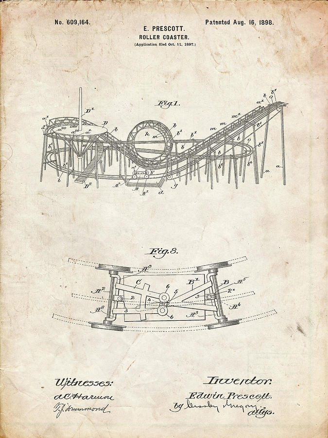 Patents Photograph - Pp772-vintage Parchment Coney Island Loop The Loop Roller Coaster Patent Poster by Cole Borders