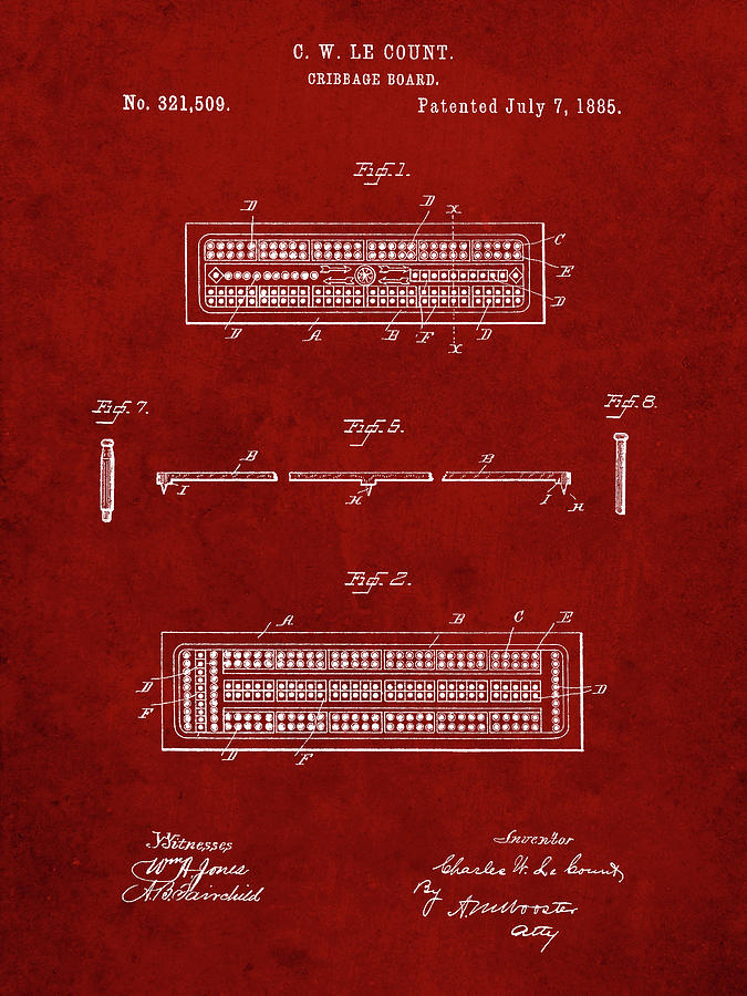 Patents Digital Art - Pp776-burgundy Cribbage Board 1885 Patent Poster by Cole Borders
