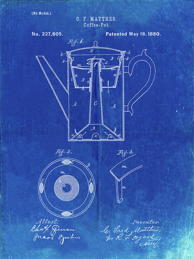 Coffee Digital Art - Pp78-faded Blueprint Coffee Percolator 1880 Patent Art by Cole Borders
