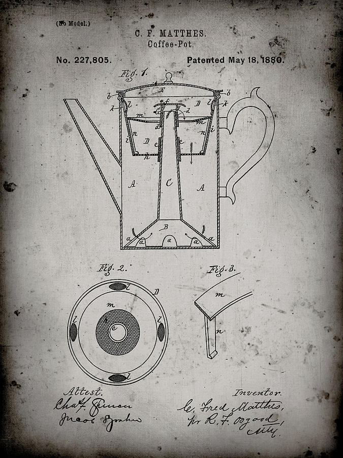 Coffee Digital Art - Pp78-faded Grey Coffee Percolator 1880 Patent Art by Cole Borders