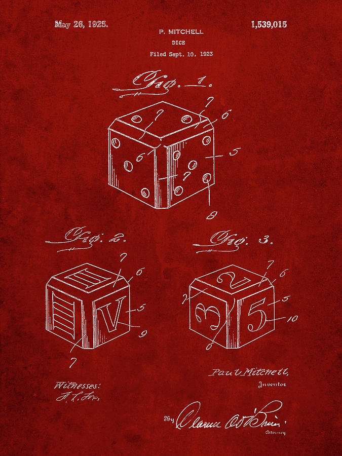 Dice Digital Art - Pp781-burgundy Dice 1923 Patent Poster by Cole Borders