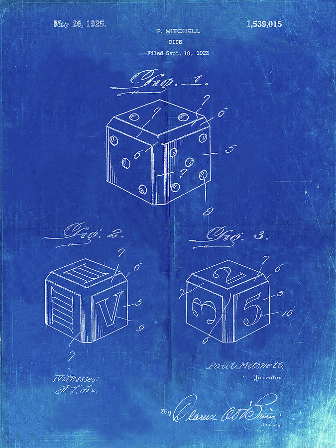 Dice Digital Art - Pp781-faded Blueprint Dice 1923 Patent Poster by Cole Borders