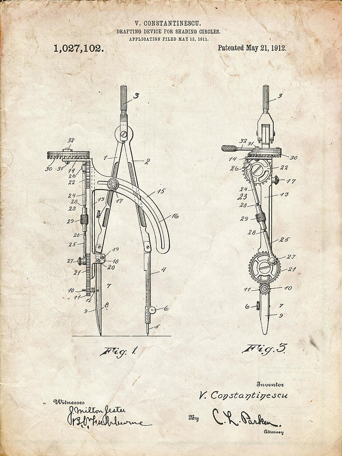 Architecture Digital Art - Pp785-vintage Parchment Drafting Compass 1912 Patent Poster by Cole Borders