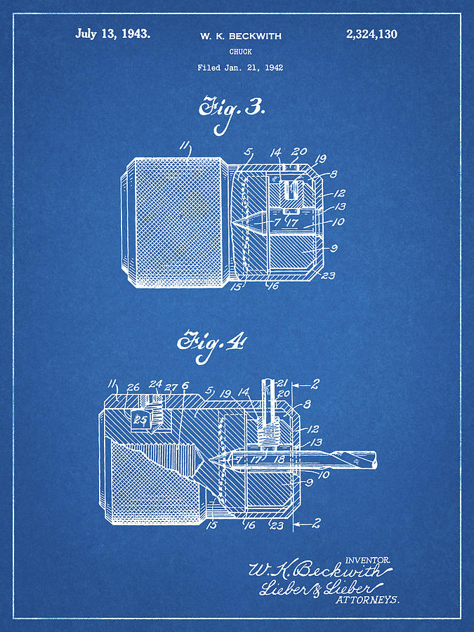 Tool Digital Art - Pp787-blueprint Drill Chuck 1943 Patent Poster by Cole Borders