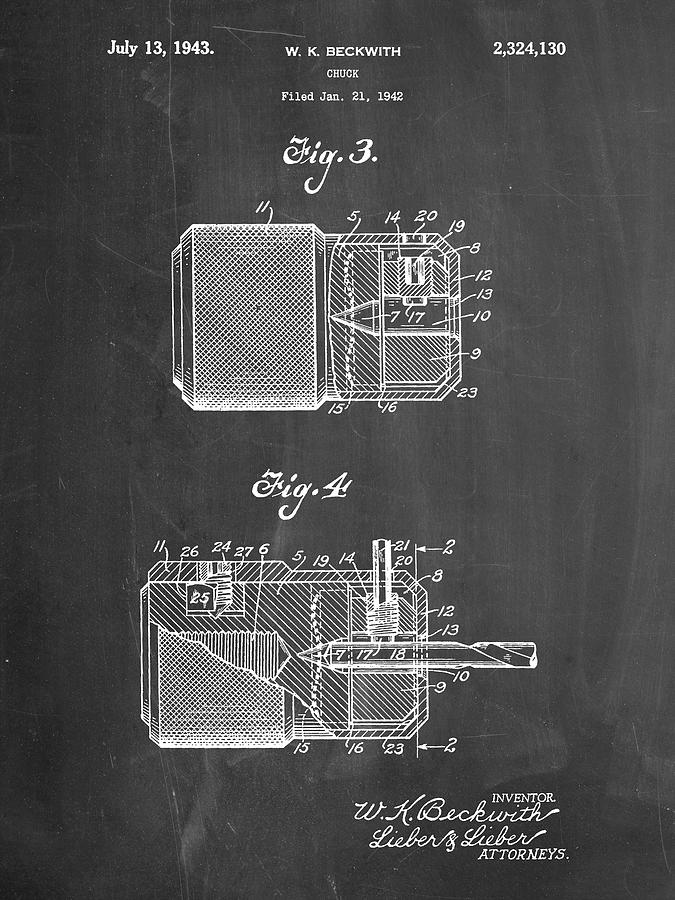 Tool Digital Art - Pp787-chalkboard Drill Chuck 1943 Patent Poster by Cole Borders