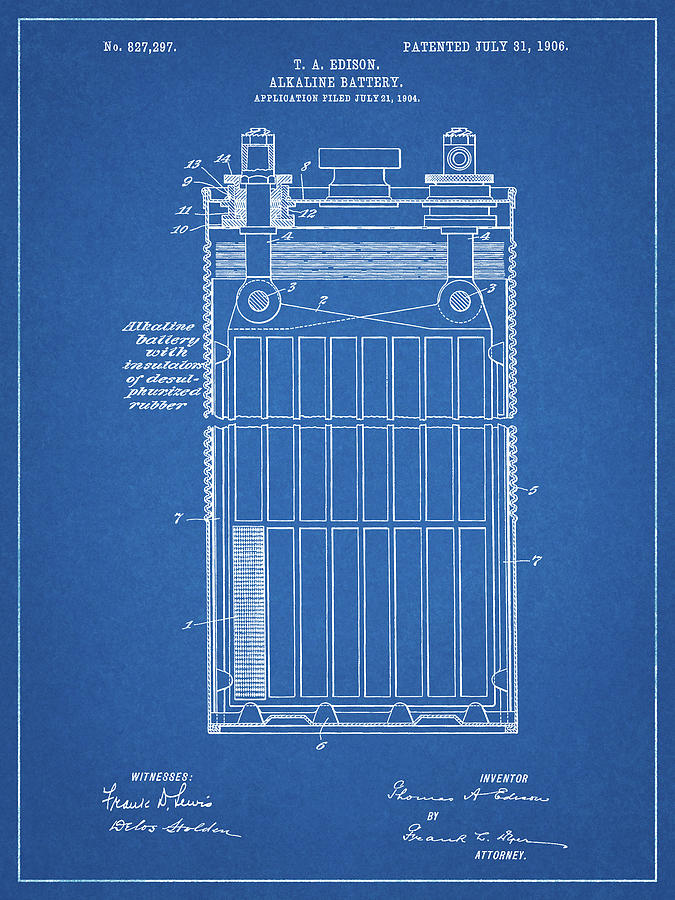 Battery Digital Art - Pp792-blueprint Edison Alkaline Battery Art by Cole Borders