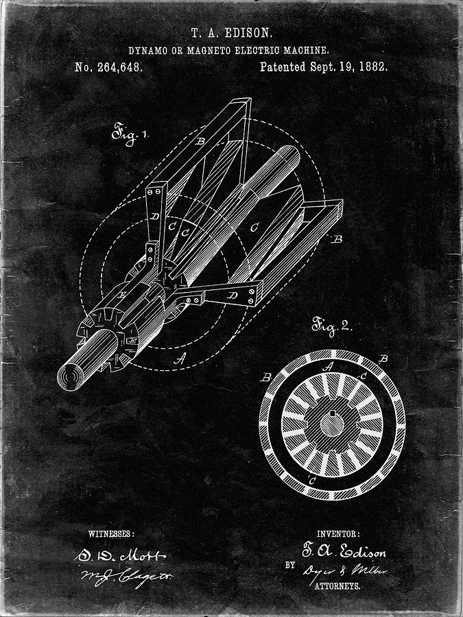 Pp Black Grunge Edison Dynamo Electrical Generator Patent Print Digital Art By Cole Borders