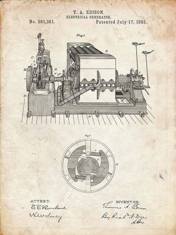 Pp Vintage Parchment Edison Electrical Generator Patent Art Digital Art By Cole Borders