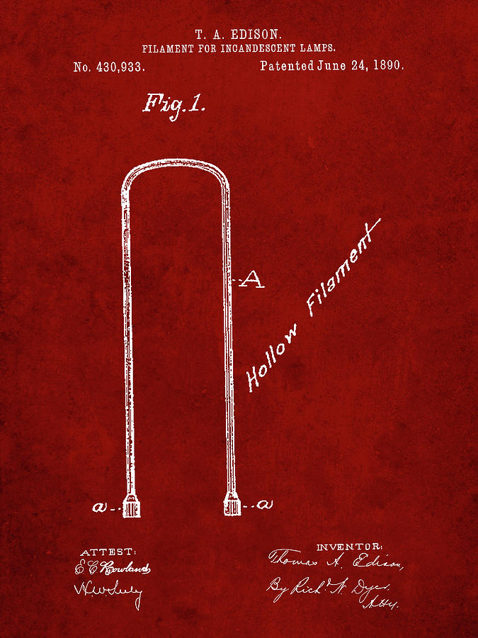 Patents Digital Art - Pp795-burgundy Edison Filament Art by Cole Borders
