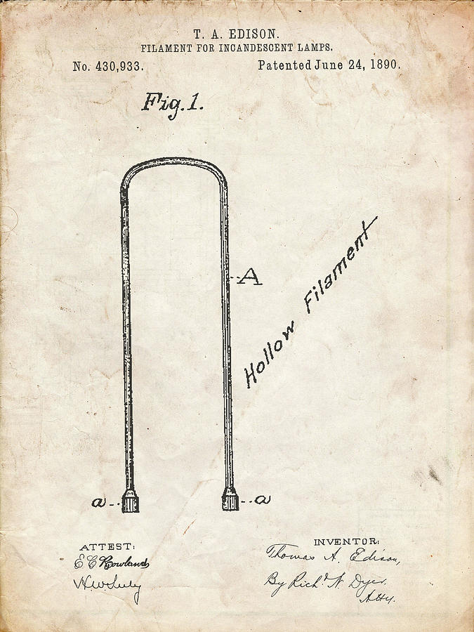 Patents Digital Art - Pp795-vintage Parchment Edison Filament Art by Cole Borders