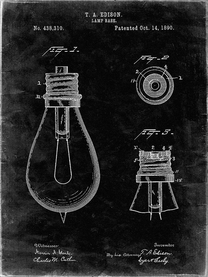 Patents Digital Art - Pp796-black Grunge Edison Lamp Base Patent Print by Cole Borders