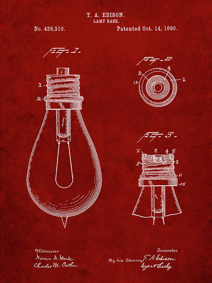 Patents Digital Art - Pp796-burgundy Edison Lamp Base Patent Print by Cole Borders