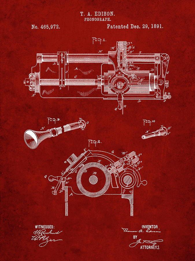 Patents Digital Art - Pp798-burgundy Edison Phonograph Patent Poster by Cole Borders