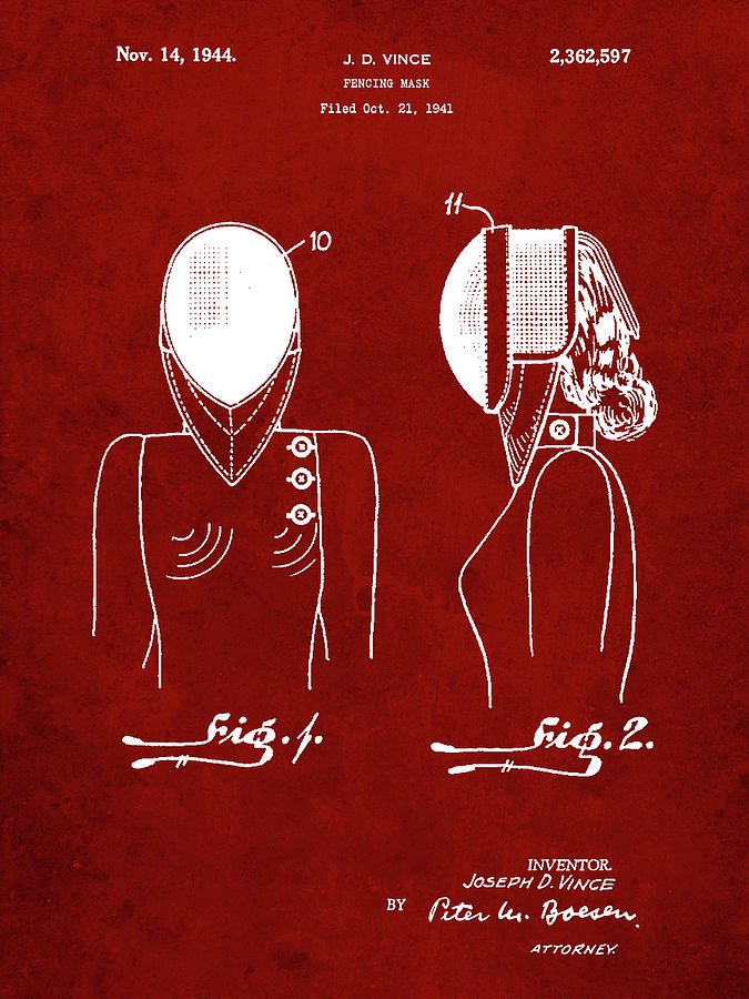 Sports Digital Art - Pp805-burgundy Fencing Mask Patent Poster by Cole Borders