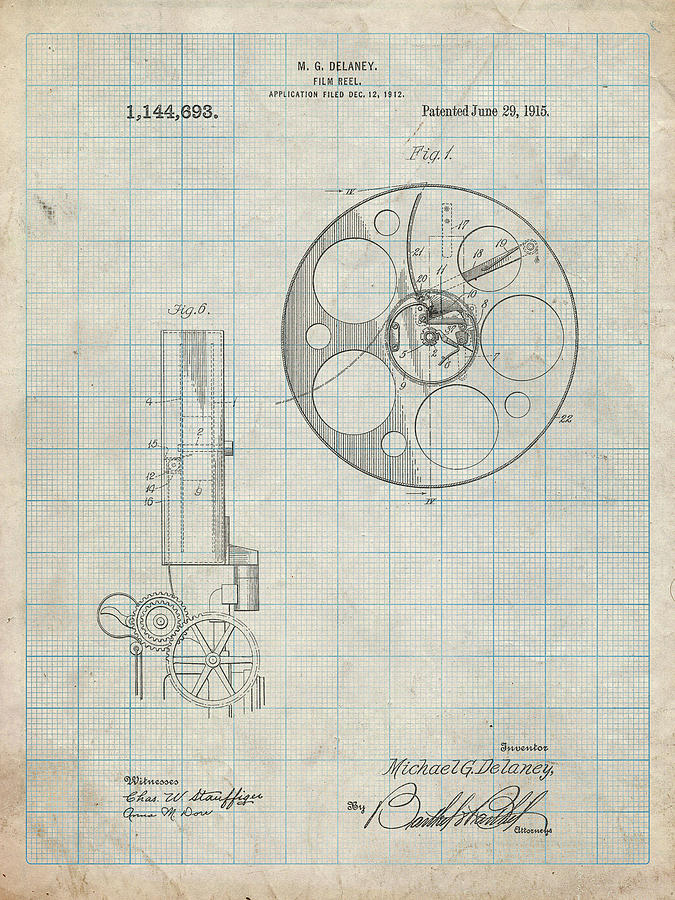 Movie Poster Photograph - Pp807-antique Grid Parchment Film Reel 1915 Patent Poster by Cole Borders