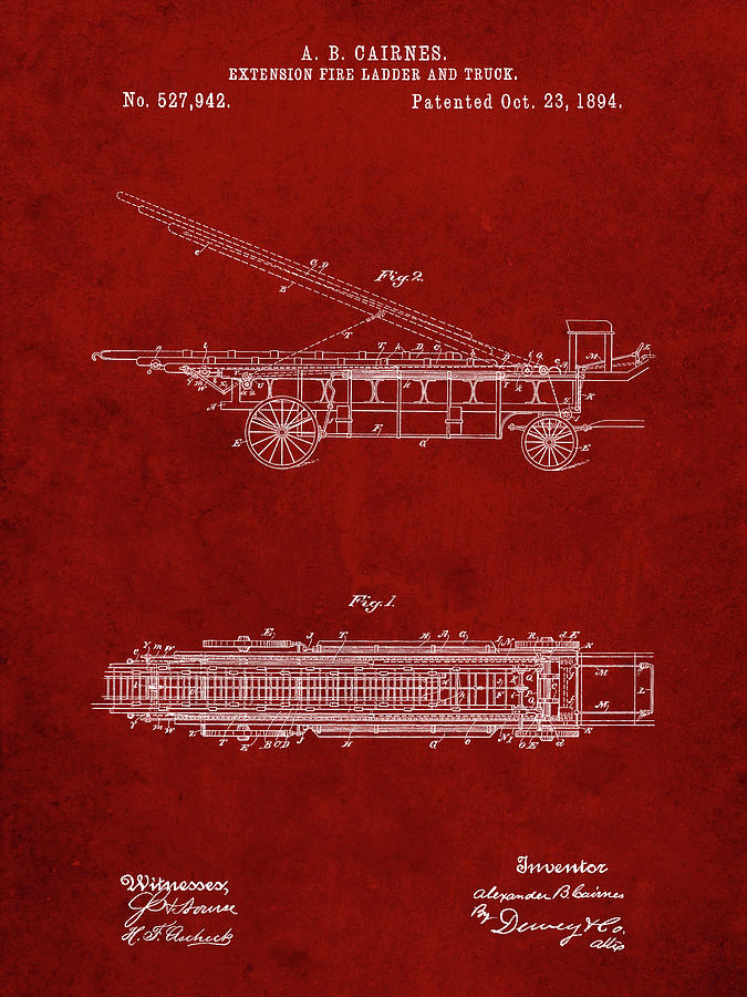 Patents Digital Art - Pp808-burgundy Fire Extension Ladder 1894 Patent Poster by Cole Borders
