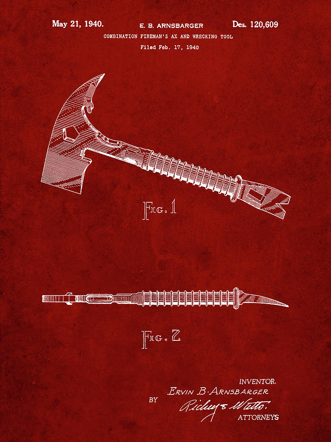Tool Digital Art - Pp812-burgundy Firemans Axe 1940 Patent Poster by Cole Borders