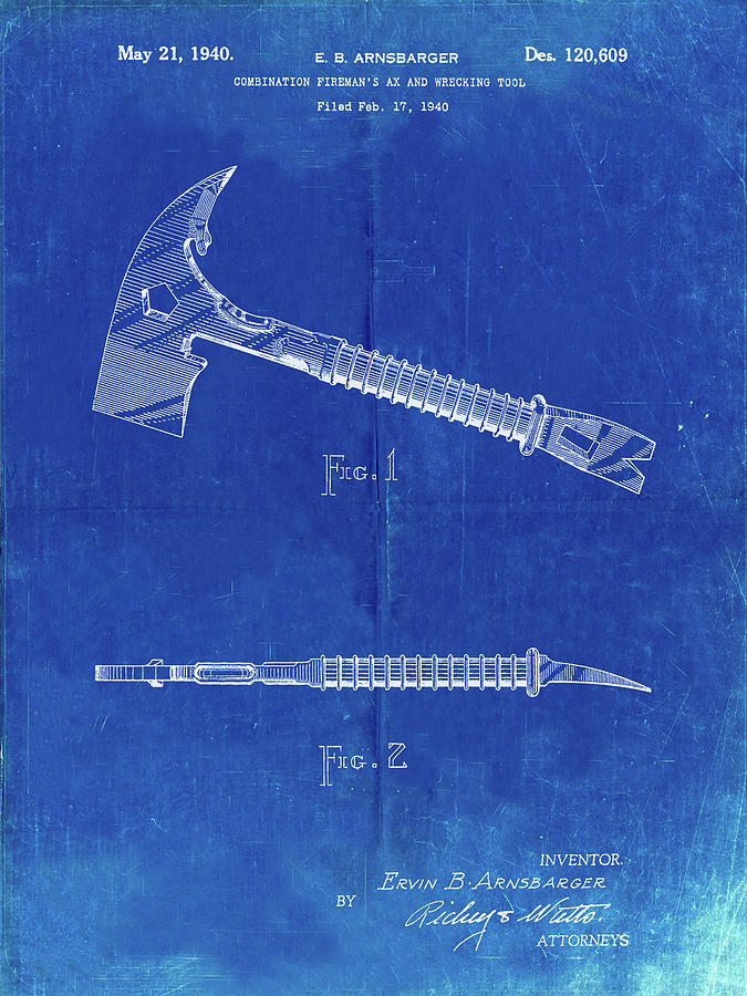 Tool Digital Art - Pp812-faded Blueprint Firemans Axe 1940 Patent Poster by Cole Borders