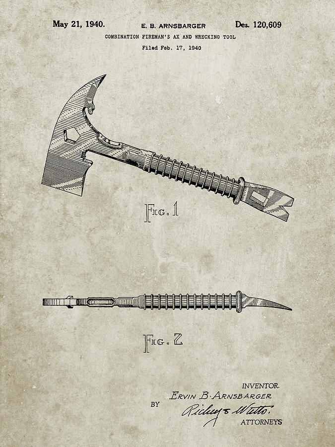 Tool Digital Art - Pp812-sandstone Firemans Axe 1940 Patent Poster by Cole Borders