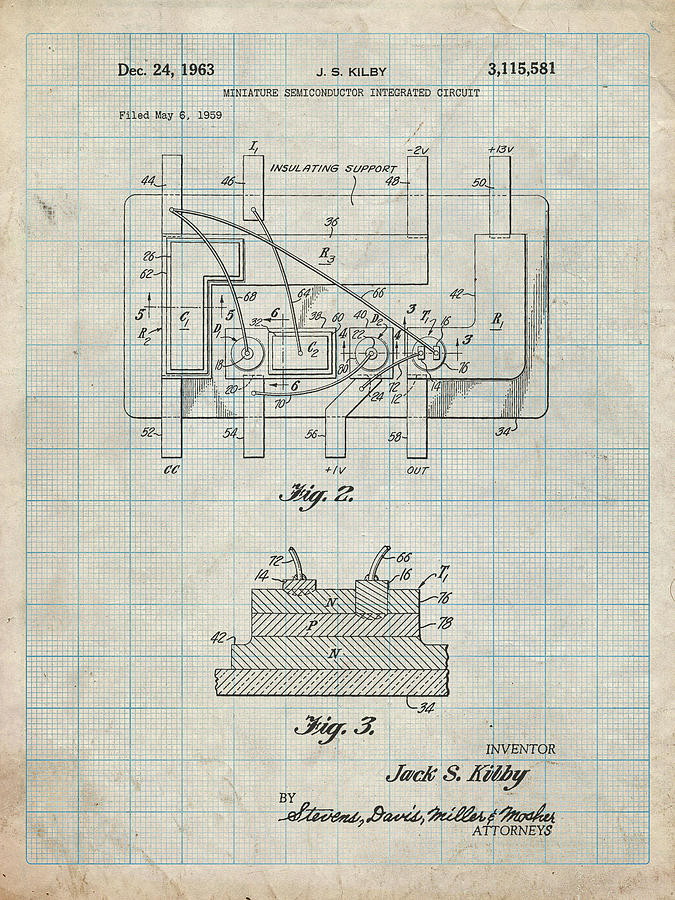 Patents Digital Art - Pp813-antique Grid Parchment First Integrated Circuit Patent Poster by Cole Borders