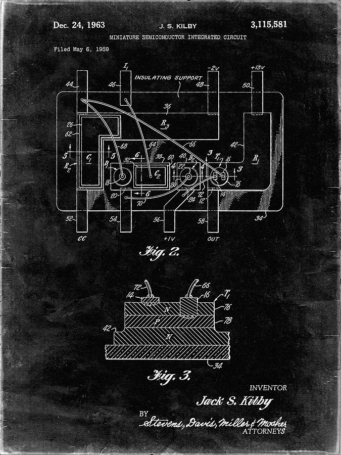 Patents Digital Art - Pp813-black Grunge First Integrated Circuit Patent Poster by Cole Borders