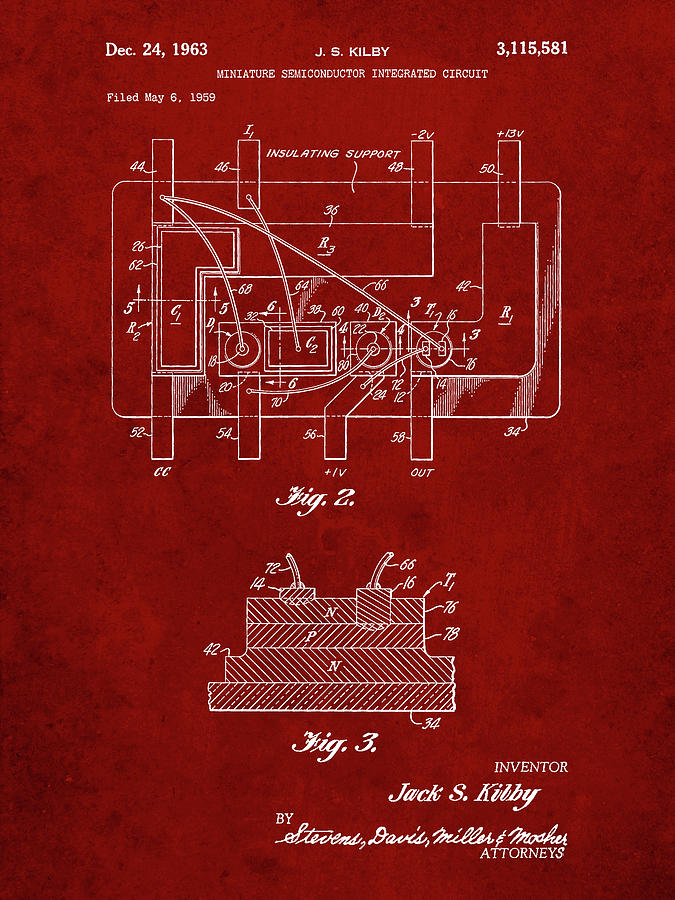 Patents Digital Art - Pp813-burgundy First Integrated Circuit Patent Poster by Cole Borders