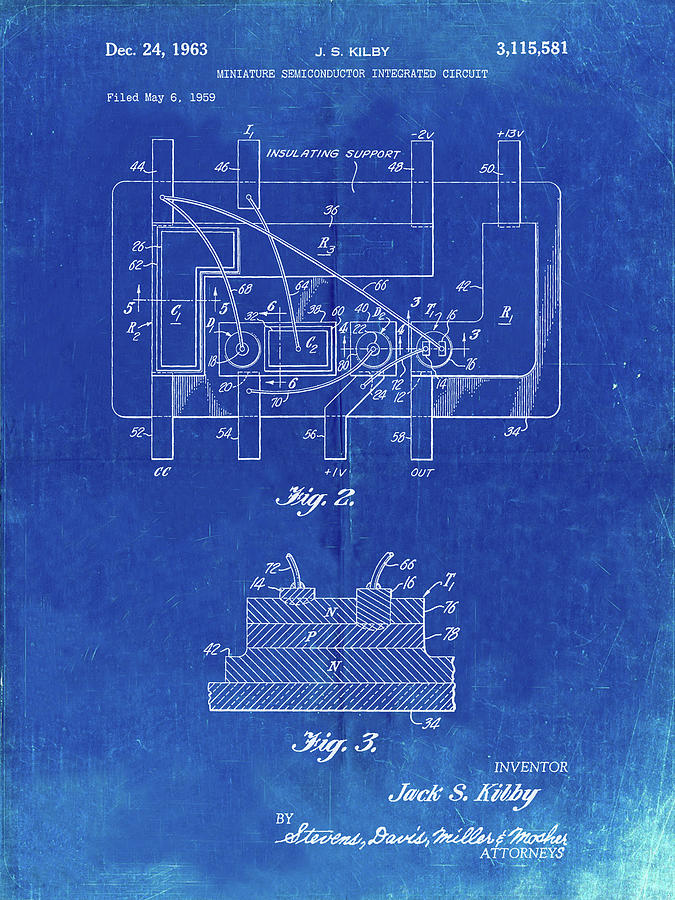 Patents Digital Art - Pp813-faded Blueprint First Integrated Circuit Patent Poster by Cole Borders