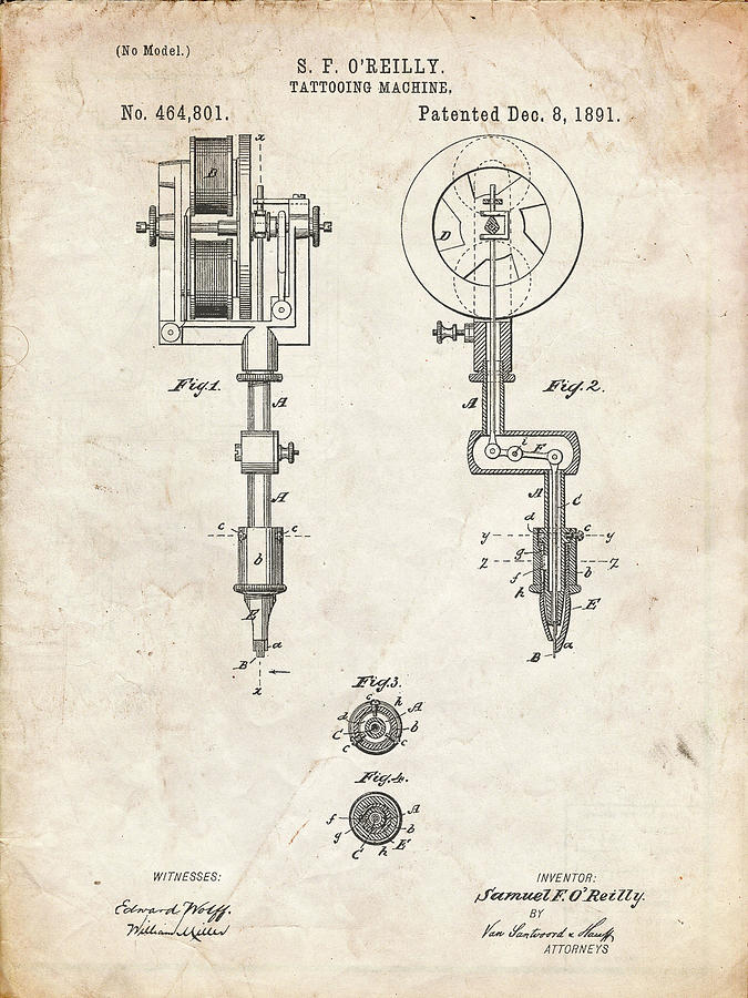 Pp814-antique Grid Parchment First Tattoo Machine Patent Poster Metal Print  by Cole Borders - Fine Art America