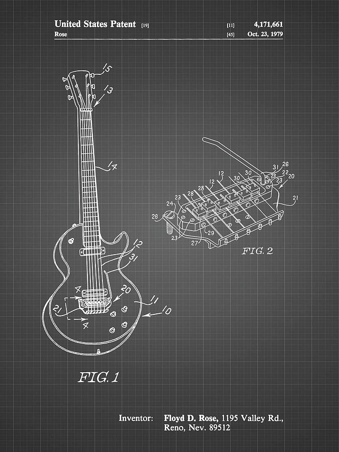 Patents Photograph - Pp818-black Grid Floyd Rose Guitar Tremolo Patent Poster by Cole Borders