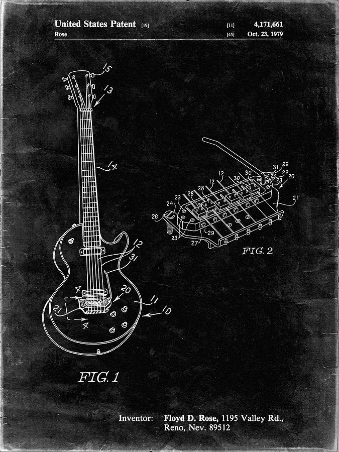 Patents Digital Art - Pp818-black Grunge Floyd Rose Guitar Tremolo Patent Poster by Cole Borders
