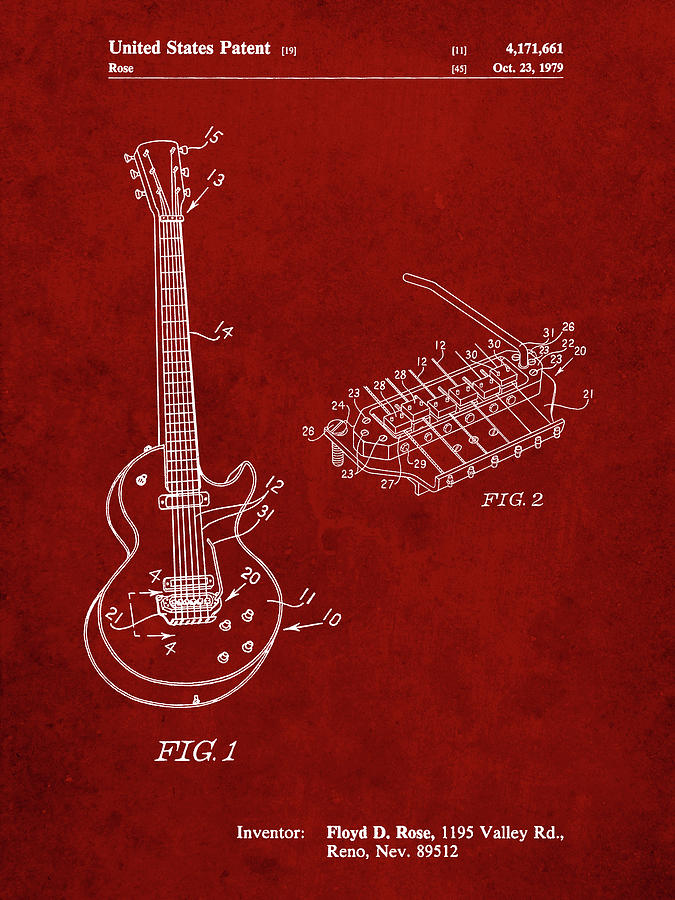 Patents Digital Art - Pp818-burgundy Floyd Rose Guitar Tremolo Patent Poster by Cole Borders