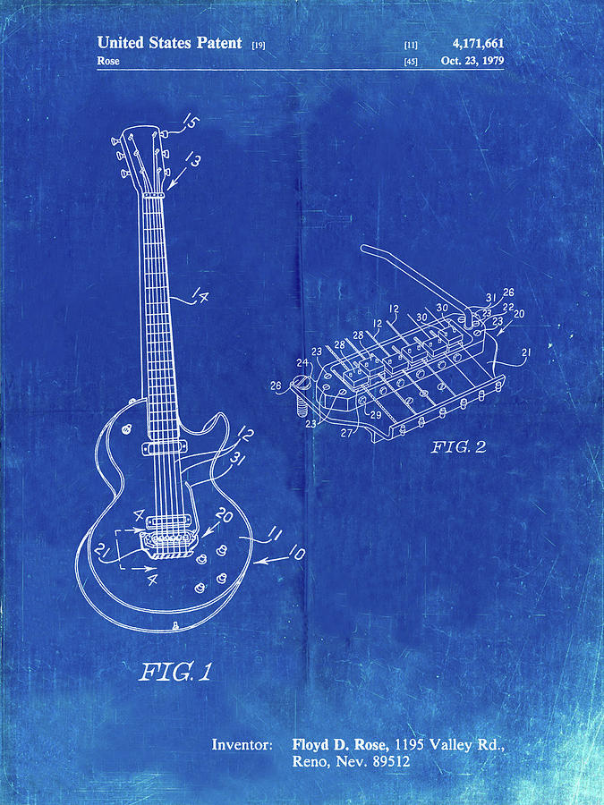 Patents Digital Art - Pp818-faded Blueprint Floyd Rose Guitar Tremolo Patent Poster by Cole Borders