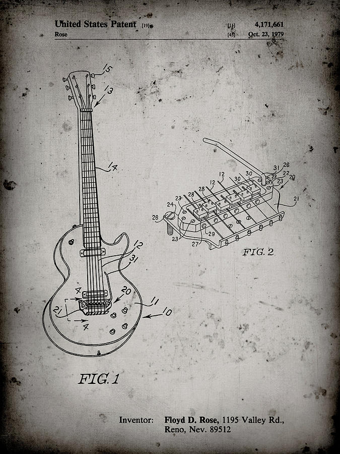 Patents Digital Art - Pp818-faded Grey Floyd Rose Guitar Tremolo Patent Poster by Cole Borders