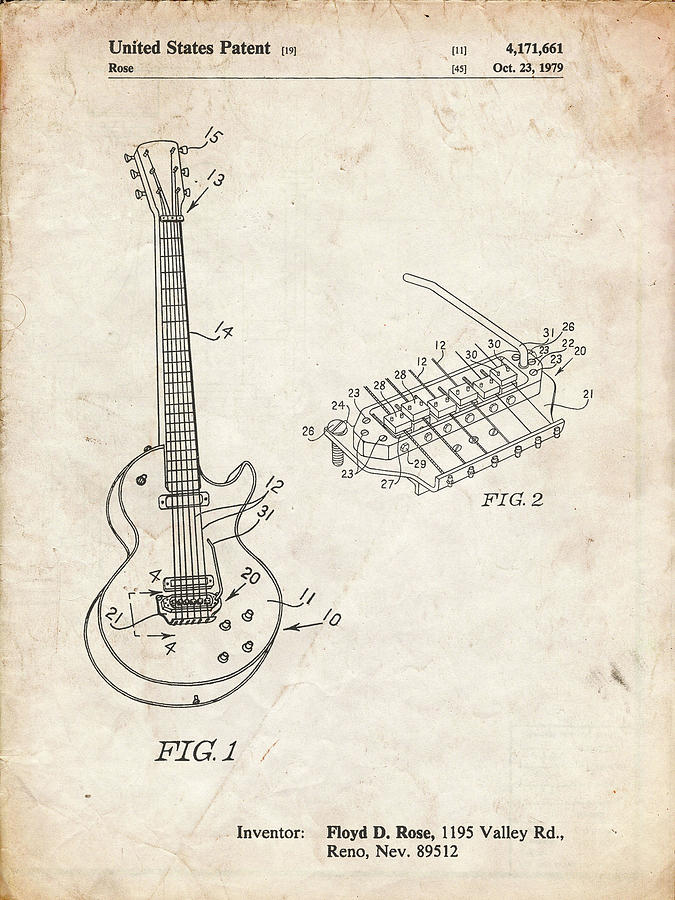Patents Digital Art - Pp818-vintage Parchment Floyd Rose Guitar Tremolo Patent Poster by Cole Borders