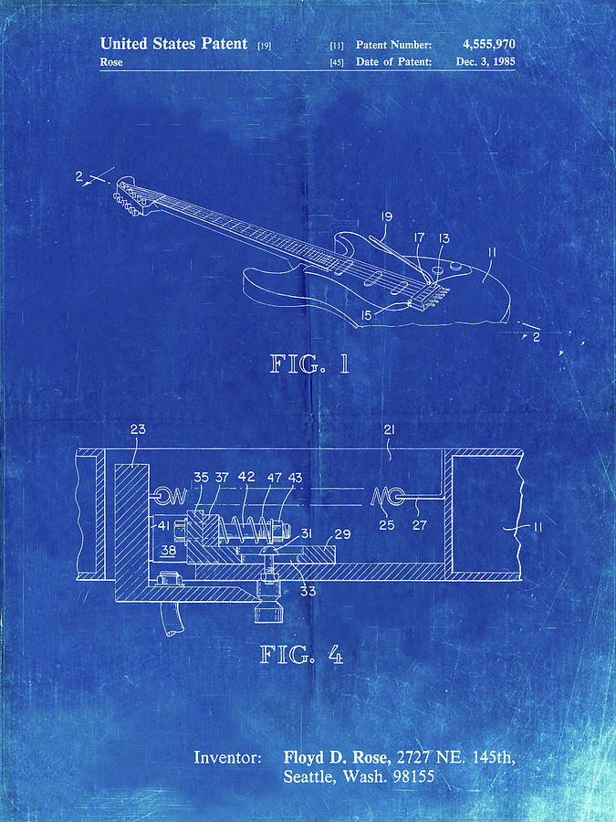 Guitar Still Life Digital Art - Pp819-faded Blueprint Floyd Rose Tremolo Patent Poster by Cole Borders